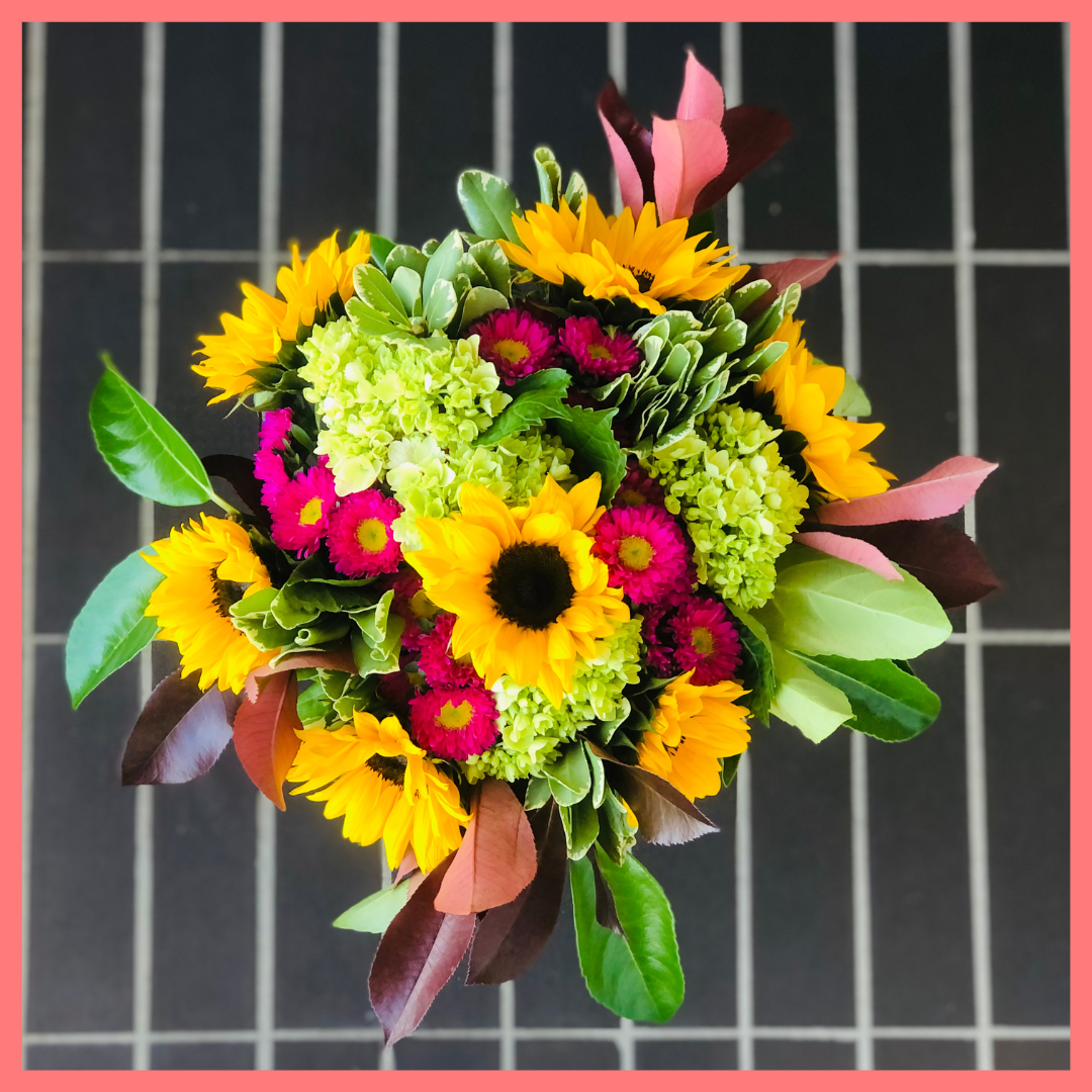 The Sunny Skies bouquet includes mixed stems of sunflowers, hydrangea, matsumoto, viburnum, photinia, and pittosporum! Please note that as flowers are a live product, colors, and varieties may slightly vary from the photos shown to provide you with the freshest and most beautiful bouquet.