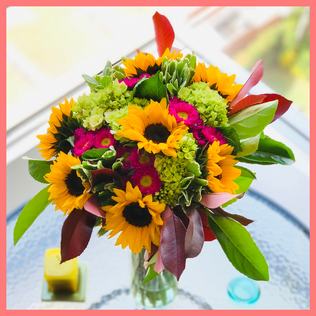 The Sunny Skies bouquet includes mixed stems of sunflowers, hydrangea, matsumoto, viburnum, photinia, and pittosporum! Please note that as flowers are a live product, colors, and varieties may slightly vary from the photos shown to provide you with the freshest and most beautiful bouquet.