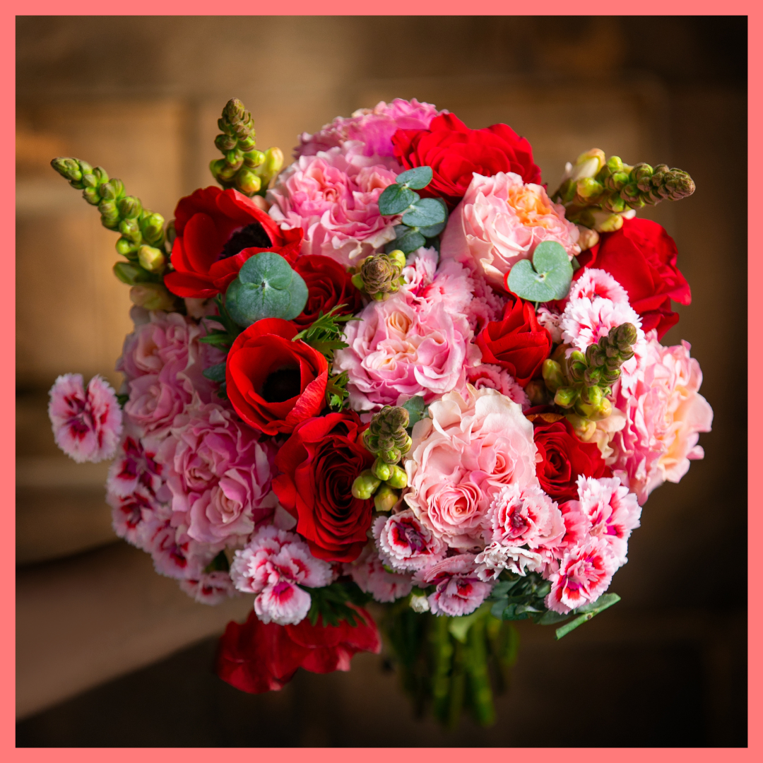 The VDAY Szn bouquet includes mixed stems of roses, snapdragon, solomio, anemone, and eucalyptus. Please note that as flowers are a live product, colors and varieties may slightly vary from the photos shown to provide you with the freshest and most beautiful bouquet.