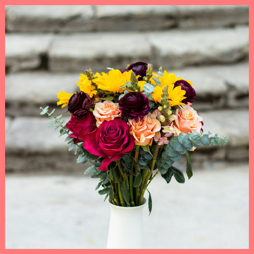 The Thankful For You bouquet includes mixed stems of roses, ranunculus, sunflowers, snapdragon, and eucalyptus. Please note that as flowers are a live product, colors and varieties may slightly vary from the photos shown to provide you with the freshest and most beautiful bouquet.