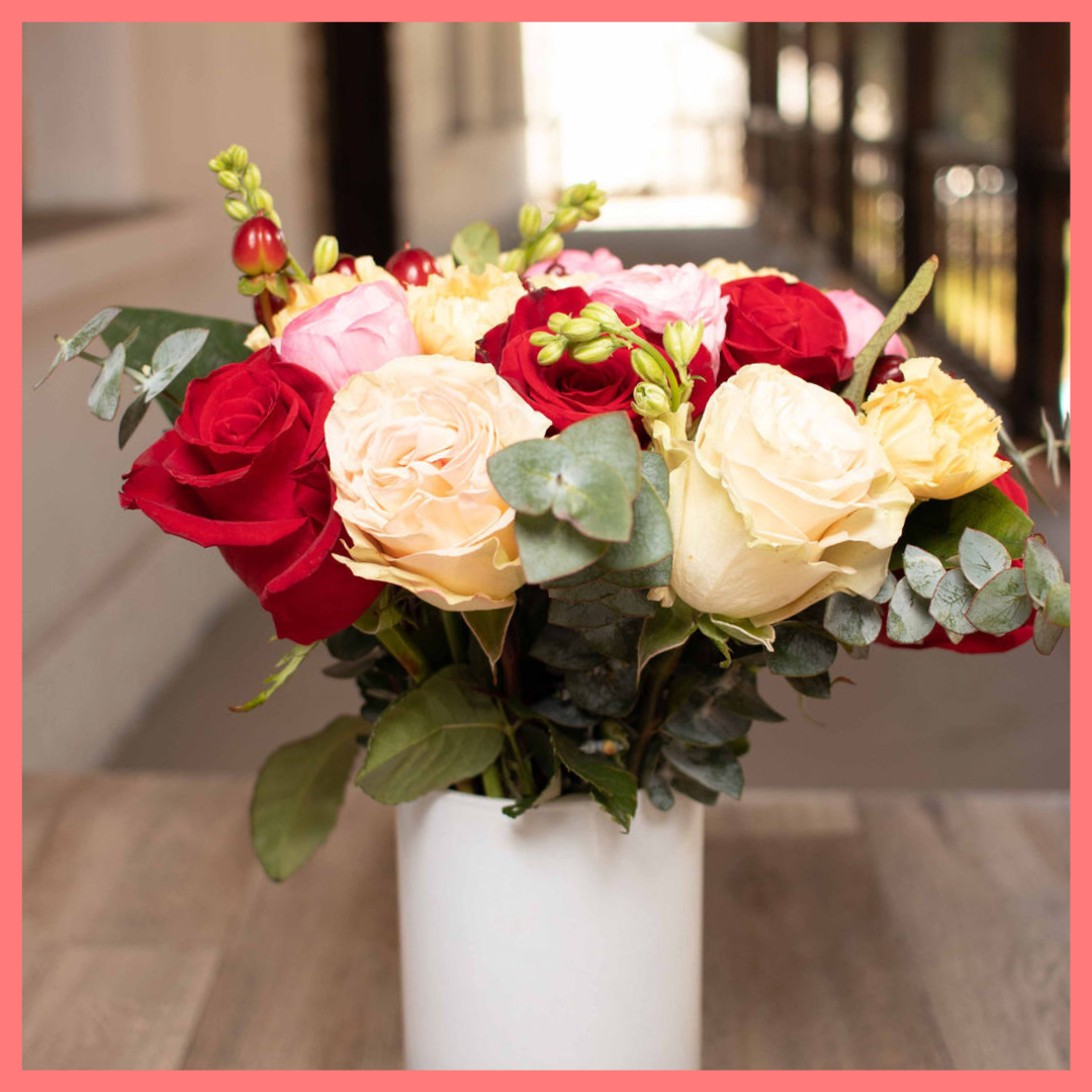 Order the Winter Mornings flower bouquet! The Winter Mornings flower bouquet includes roses, carnation, larkspur, hypericum, lepidium, ranunculus, and eucalyptus. Please note that as flowers are a live product, colors and varieties may slightly vary from the photos shown to provide you with the freshest and most beautiful bouquet.