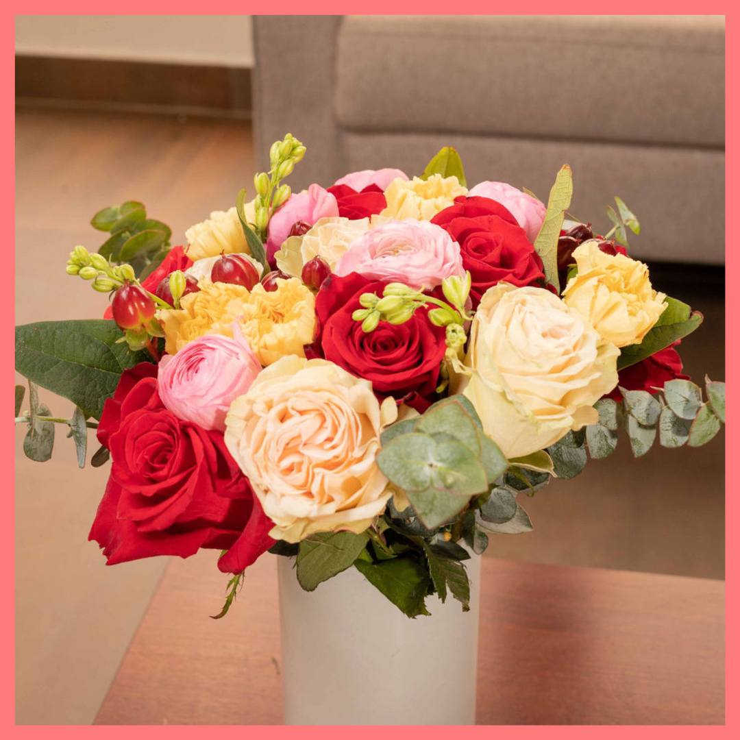 Order the Winter Mornings flower bouquet! The Winter Mornings flower bouquet includes roses, carnation, larkspur, hypericum, lepidium, ranunculus, and eucalyptus. Please note that as flowers are a live product, colors and varieties may slightly vary from the photos shown to provide you with the freshest and most beautiful bouquet.