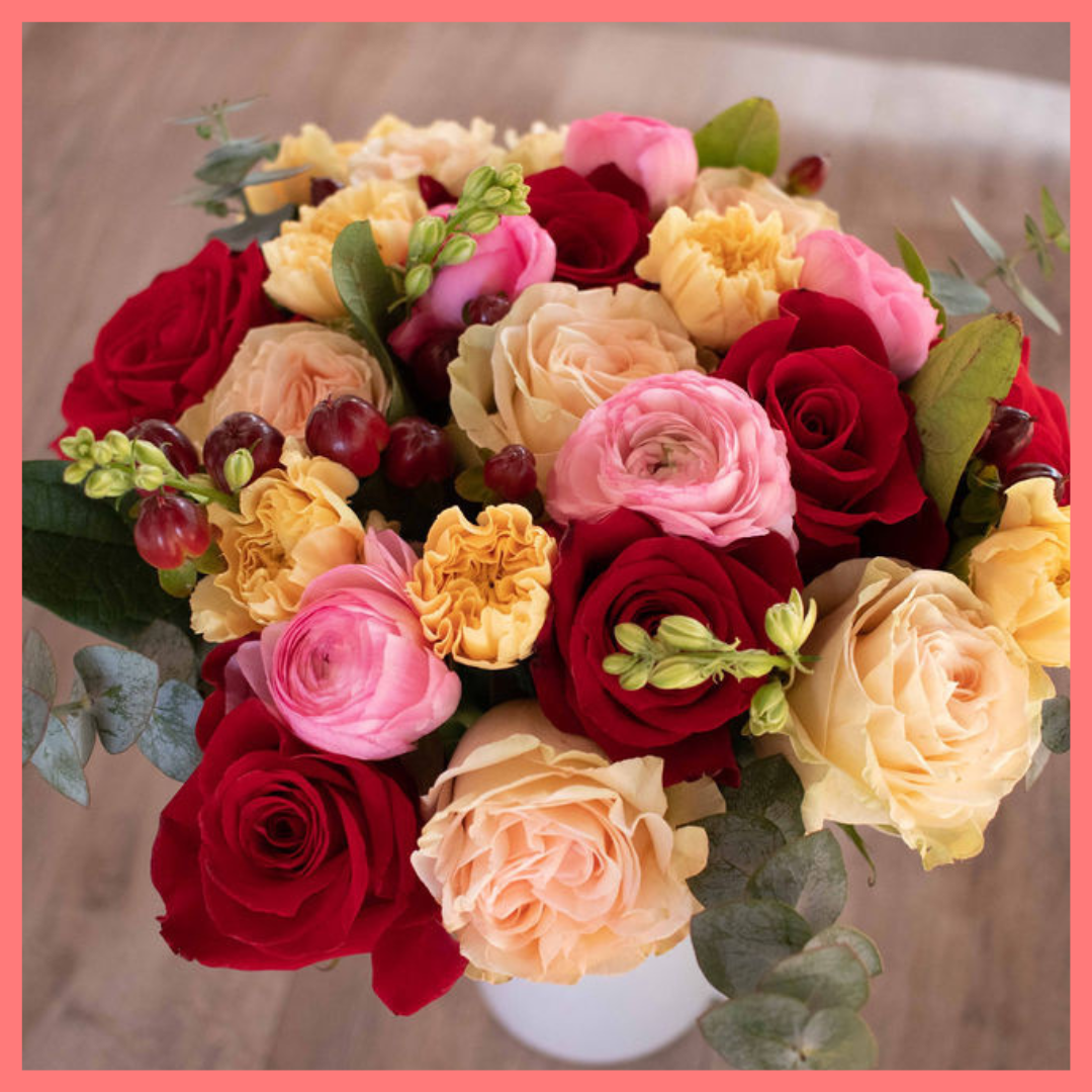Order the Winter Mornings flower bouquet! The Winter Mornings flower bouquet includes roses, carnation, larkspur, hypericum, lepidium, ranunculus, and eucalyptus. Please note that as flowers are a live product, colors and varieties may slightly vary from the photos shown to provide you with the freshest and most beautiful bouquet.