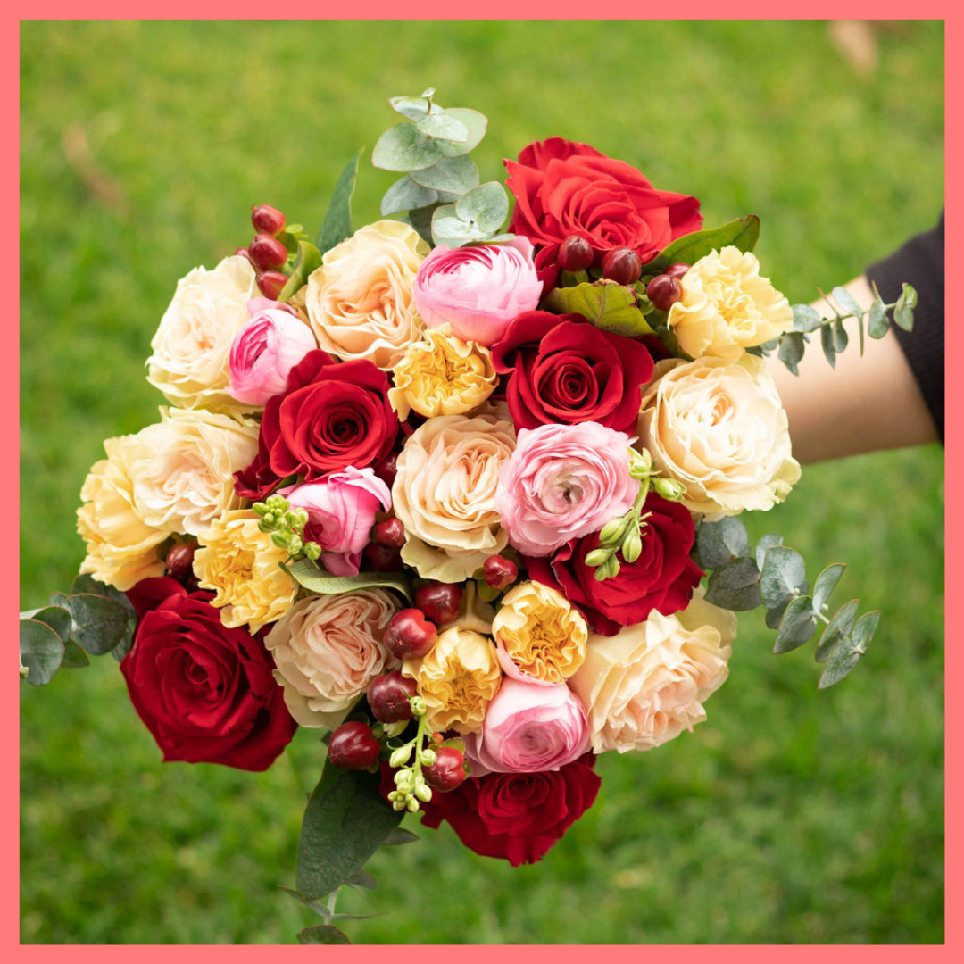 Order the Winter Mornings flower bouquet! The Winter Mornings flower bouquet includes roses, carnation, larkspur, hypericum, lepidium, ranunculus, and eucalyptus. Please note that as flowers are a live product, colors and varieties may slightly vary from the photos shown to provide you with the freshest and most beautiful bouquet.