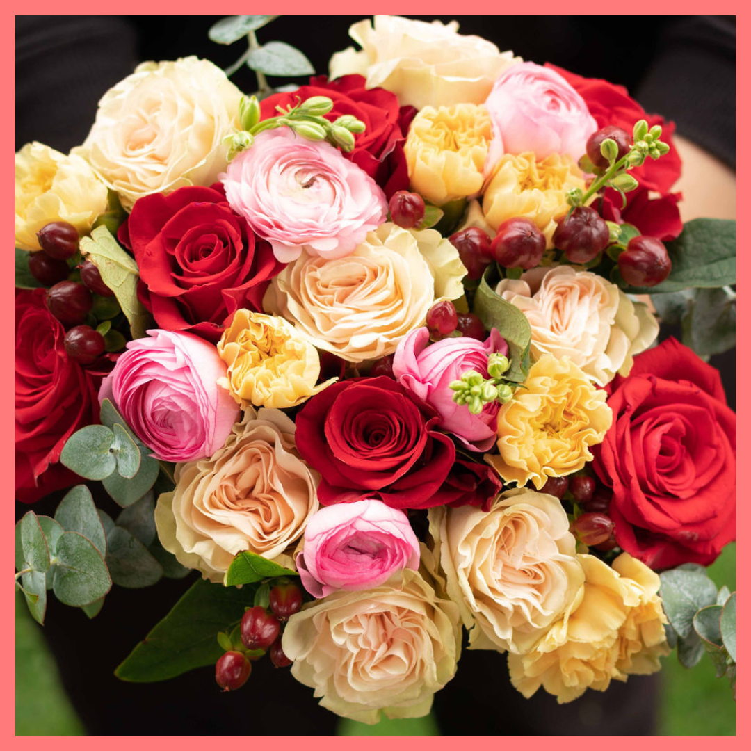 Order the Winter Mornings flower bouquet! The Winter Mornings flower bouquet includes roses, carnation, larkspur, hypericum, lepidium, ranunculus, and eucalyptus. Please note that as flowers are a live product, colors and varieties may slightly vary from the photos shown to provide you with the freshest and most beautiful bouquet.