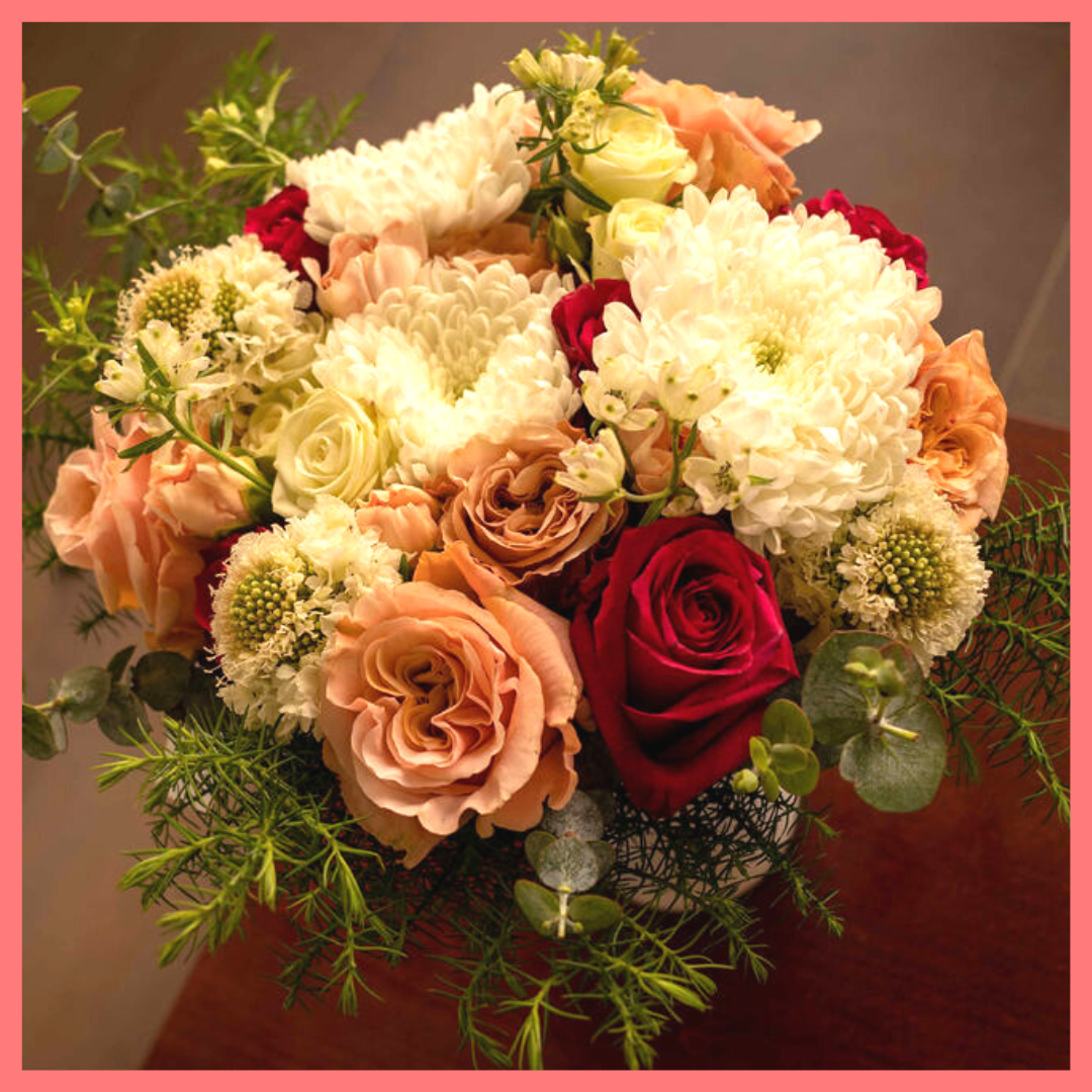 Order the Winter Wonderland flower bouquet! The Winter Wonderland flower bouquet includes roses, carnation, scabiosa, chrysanthemums, delphinium, romero, and eucalyptus. Please note that as flowers are a live product, colors and varieties may slightly vary from the photos shown to provide you with the freshest and most beautiful bouquet.