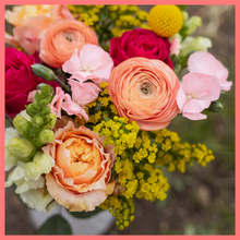 Load image into Gallery viewer, The Birthday Wish bouquet includes mixed stems of ranunculus, roses, solidago, snapdragons, solomio, and craspedia. Please note that as flowers are a live product, colors and varieties may slightly vary from the photos shown to provide you with the freshest and most beautiful bouquet.
