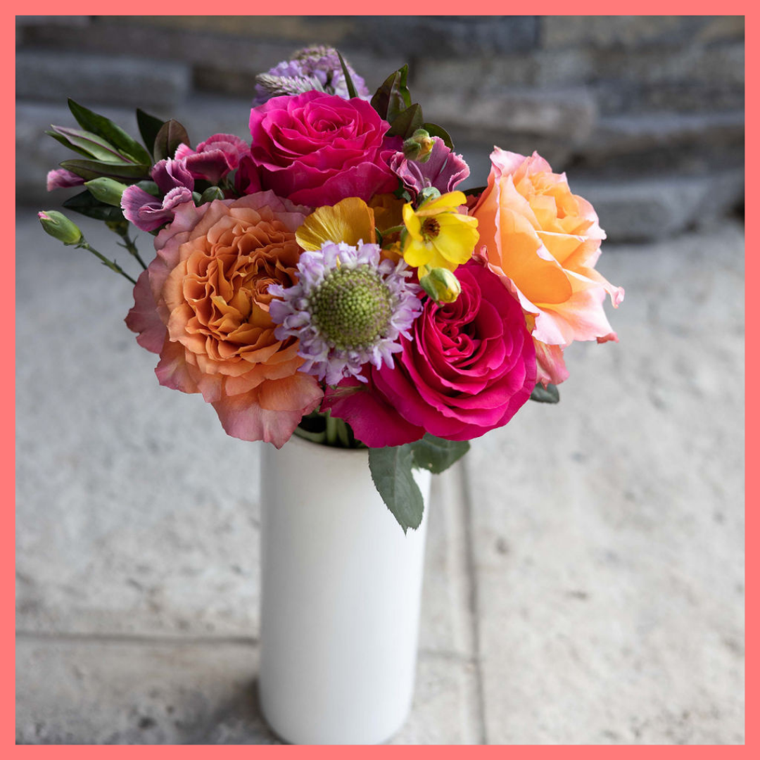 The Butterflies bouquet includes mixed stems of roses, butterfly ranunculus, matilda, scabiosa, and hebes. Please note that as flowers are a live product, colors and varieties may slightly vary from the photos shown to provide you with the freshest and most beautiful bouquet.