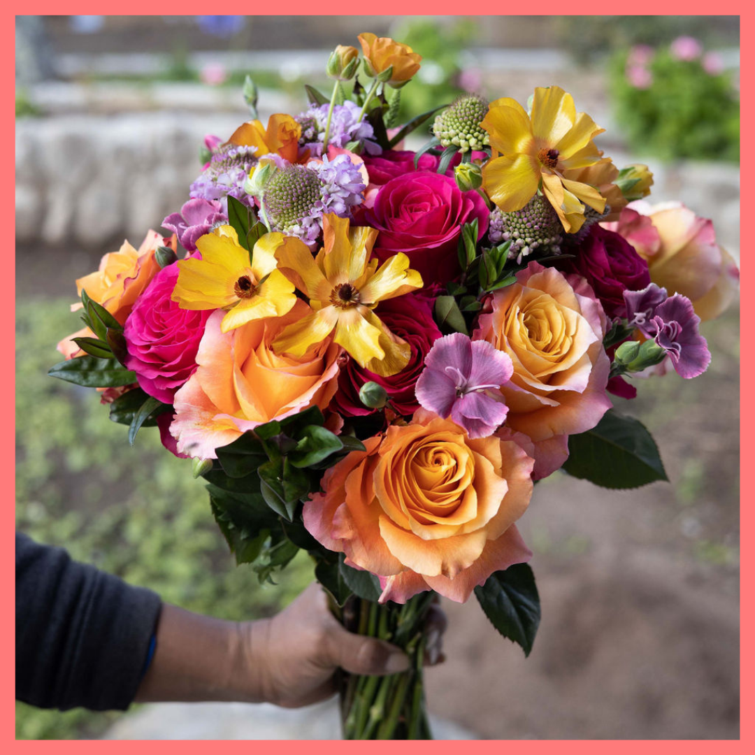 The Butterflies bouquet includes mixed stems of roses, butterfly ranunculus, matilda, scabiosa, and hebes. Please note that as flowers are a live product, colors and varieties may slightly vary from the photos shown to provide you with the freshest and most beautiful bouquet.