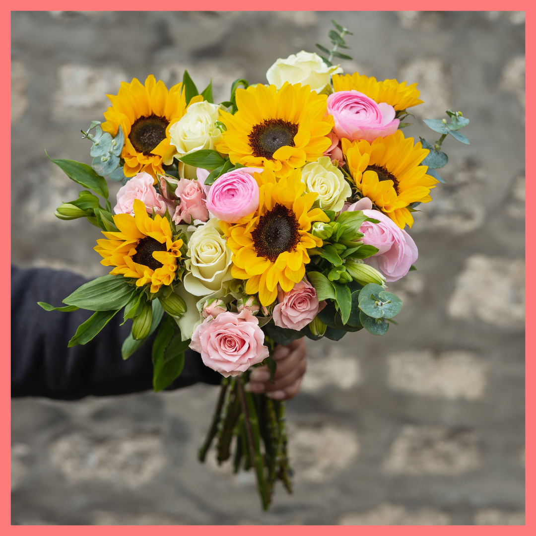 Order the I've Got Sunshine flower bouquet! The bouquet includes mixed stems of sunflowers, eucalyptus, roses, spray roses, solomio, ranunculus, and alstroemeria. Please note that as flowers are a live product, colors and varieties may slightly vary from the photos shown to provide you with the freshest and most beautiful bouquet.