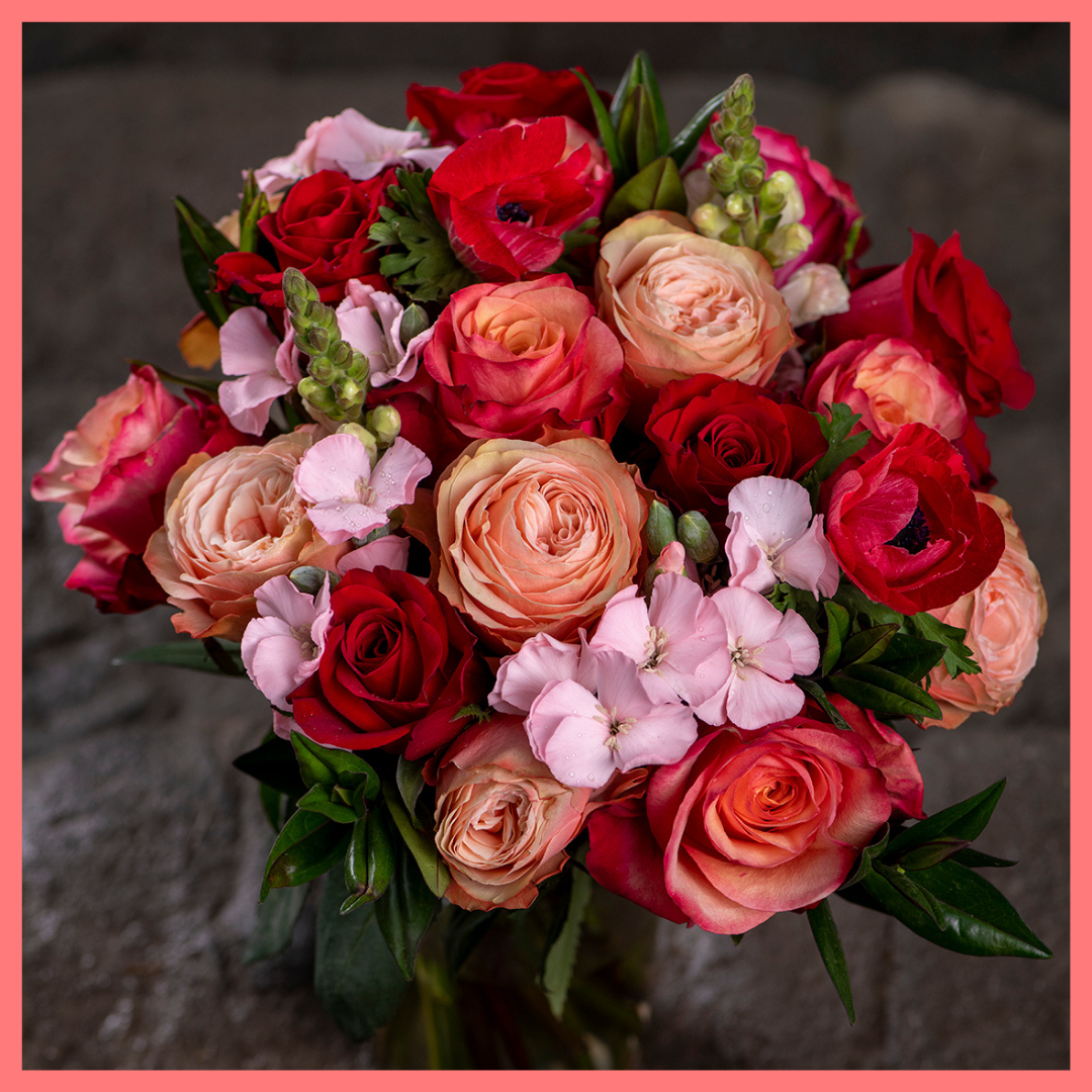 The Oh My Darling bouquet includes mixed stems of roses, anemone, snapdragon, solomio, delphinium, and hebes. Please note that as flowers are a live product, colors and varieties may slightly vary from the photos shown to provide you with the freshest and most beautiful bouquet.