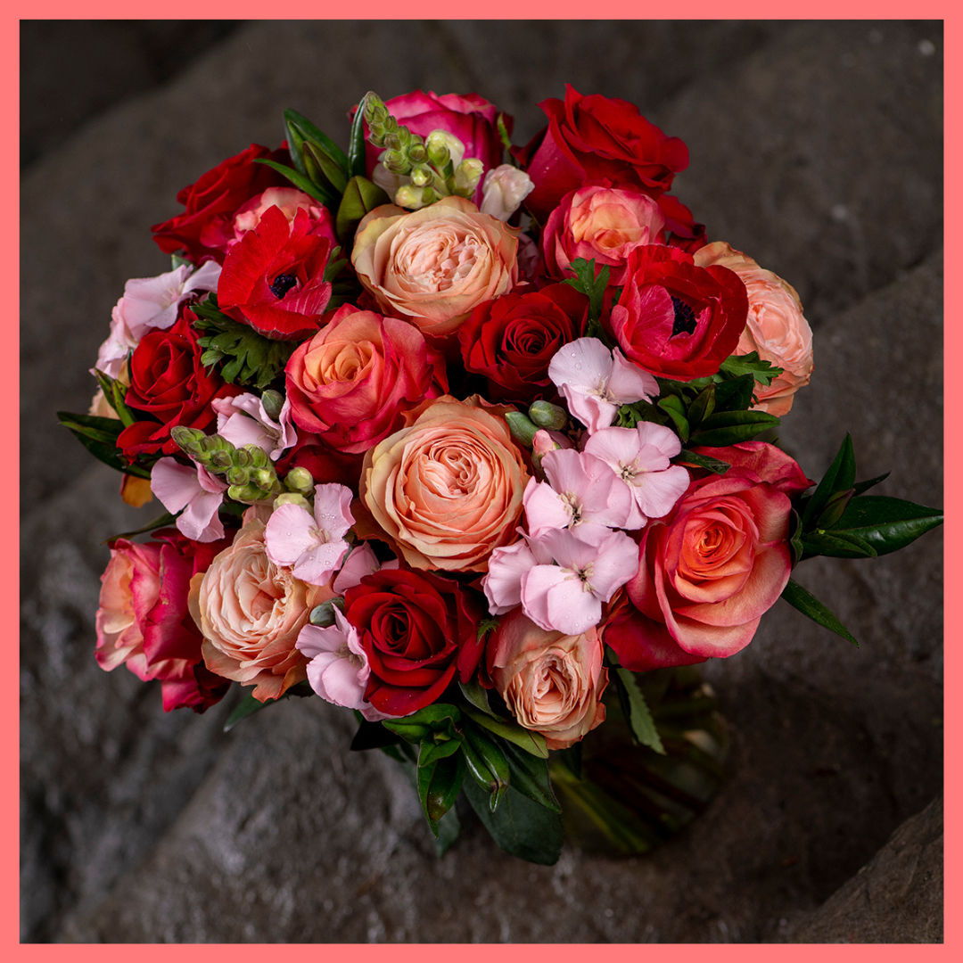 The Oh My Darling bouquet includes mixed stems of roses, anemone, snapdragon, solomio, delphinium, and hebes. Please note that as flowers are a live product, colors and varieties may slightly vary from the photos shown to provide you with the freshest and most beautiful bouquet.