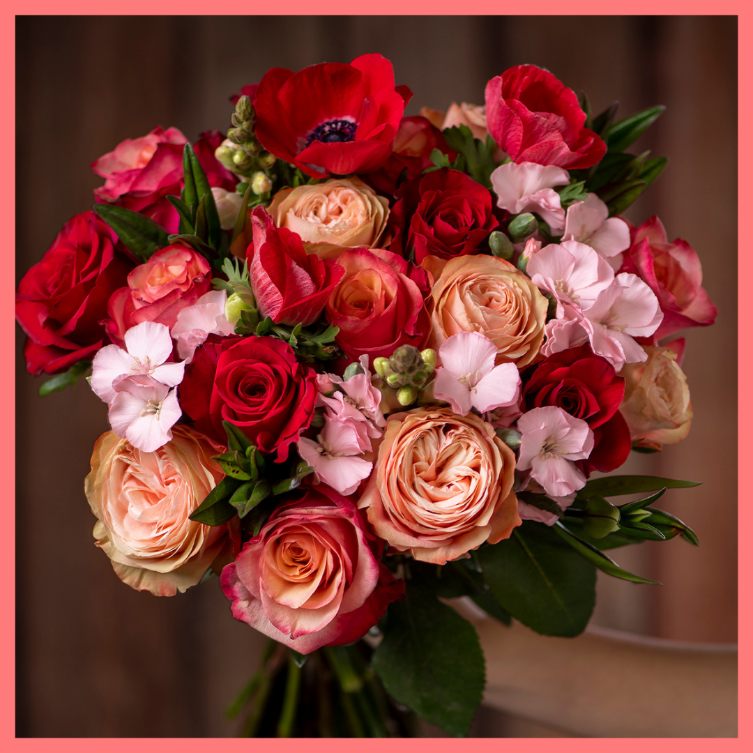 The Oh My Darling bouquet includes mixed stems of roses, anemone, snapdragon, solomio, delphinium, and hebes. Please note that as flowers are a live product, colors and varieties may slightly vary from the photos shown to provide you with the freshest and most beautiful bouquet.