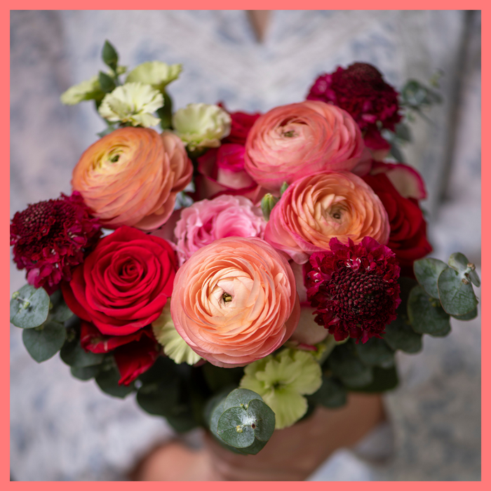 The My Sweet Valentine bouquet includes mixed stems of roses, solomio, ranunculus, scabiosa, and eucalyptus. Please note that as flowers are a live product, colors and varieties may slightly vary from the photos shown to provide you with the freshest and most beautiful bouquet.