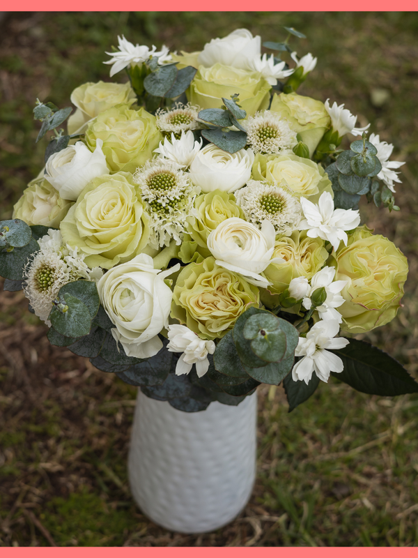 The Sending Love bouquet includes mixed stems of roses, scabiosa, solomios, ranunculus, and eucalyptus. Please note that as flowers are a live product, colors and varieties may slightly vary from the photos shown to provide you with the freshest and most beautiful bouquet.