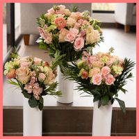 The Susie bouquet includes mixed stems of ranunculus, roses, spray roses, stock, solomio, and podocarpus. Please note that as flowers are a live product, colors and varieties may slightly vary from the photos shown to provide you with the freshest and most beautiful bouquet.