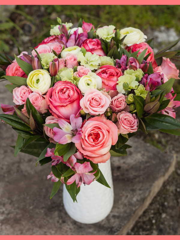Order the Thinking of You flower bouquet! The Thinking of You bouquet includes mixed stems of roses, spray roses, solomio, alstroemeria, and ranunculus. The flowers will be shipped directly from the farm to you!