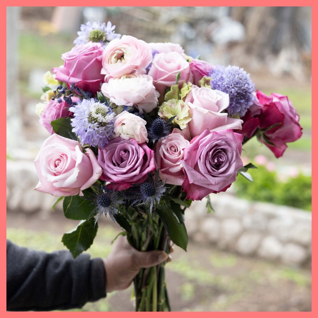 The Very Peri Pretty flower bouquet includes mixed stems of ranunculus, roses, eryngium, solomio, scabiosa, and delphinium.  Please note that as flowers are a live product, colors and varieties may slightly vary from the photos shown to provide you with the freshest and most beautiful bouquet.